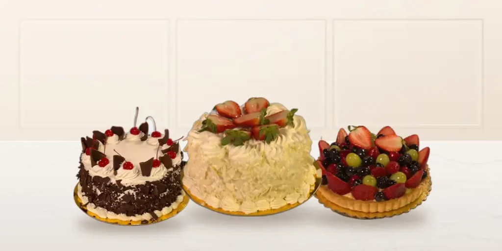 Black Forest, strawberry shortcake and fruit tart from La Patisserie